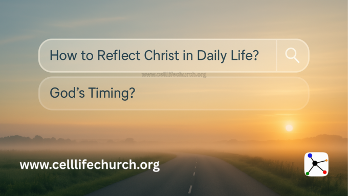 A search bar with the words “How to Reflect Christ in Daily Life?” and “God’s Timing?” typed in, overlaid on a peaceful background of a sunrise over a quiet road—symbolizing a spiritual journey.